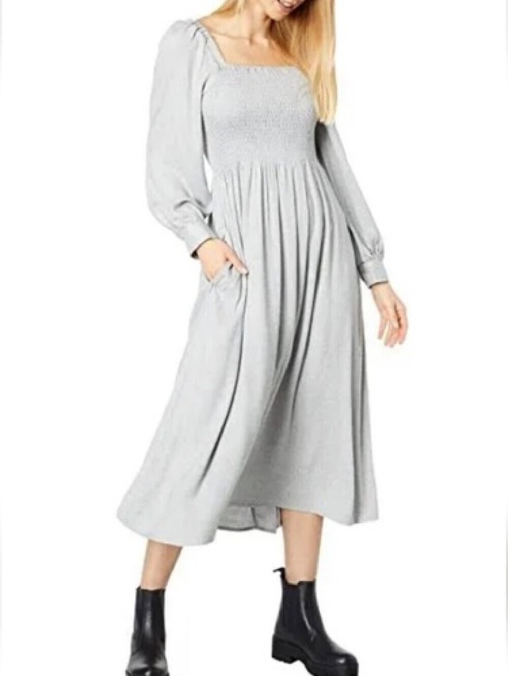 Madewell Light Gray Smocked Square Neck Long Sleeve Midi Dress With Pockets